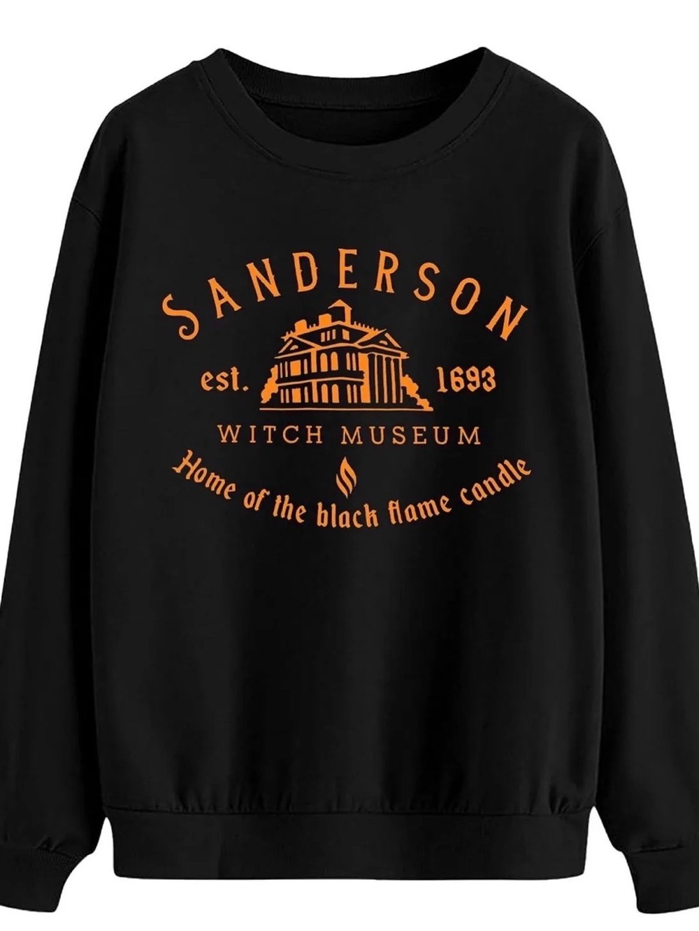 SHEIN Black Crewneck Sweatshirt with Orange Sanderson Witch Museum Graphic